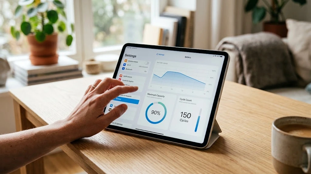 iPad battery health showing maximum capacity and cycle count