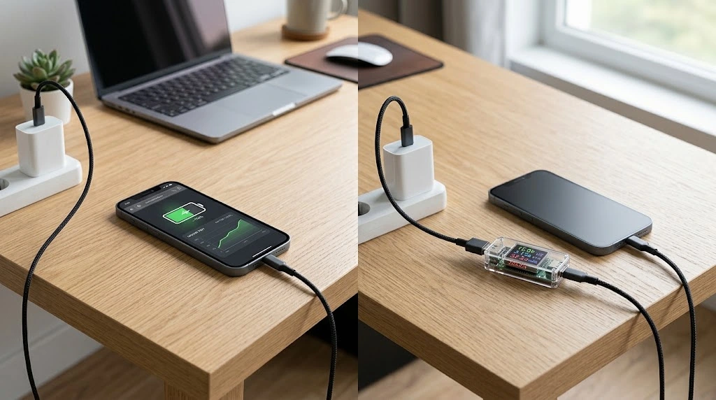 Online charging test compared with USB power meter