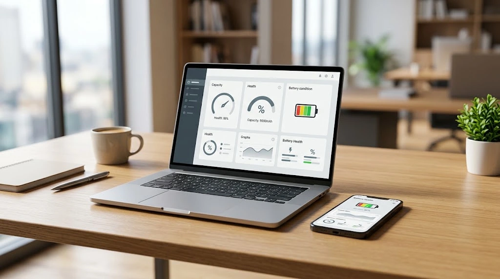 Battery health monitor showing phone and laptop battery condition