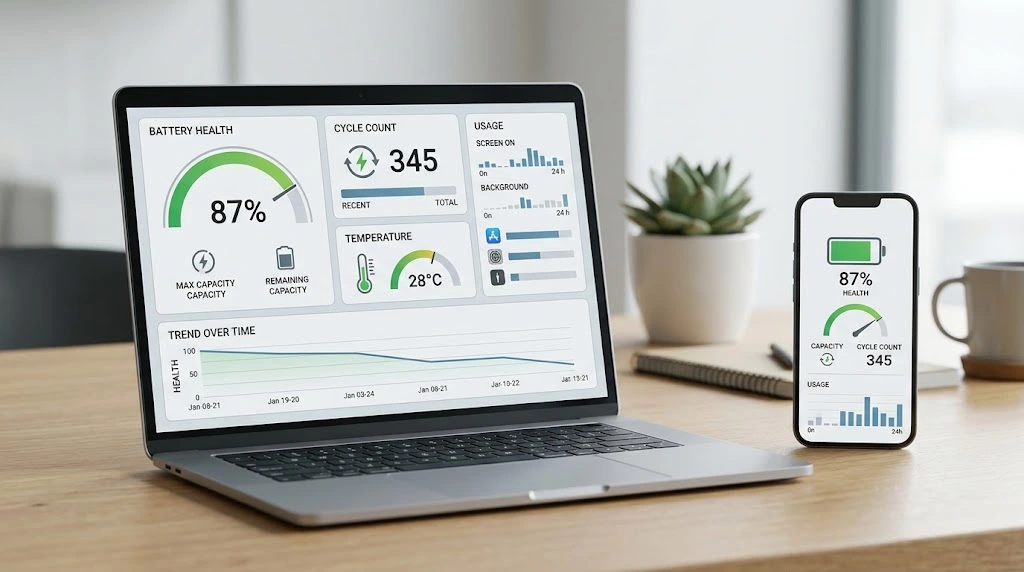 Battery health monitor showing battery capacity and condition data