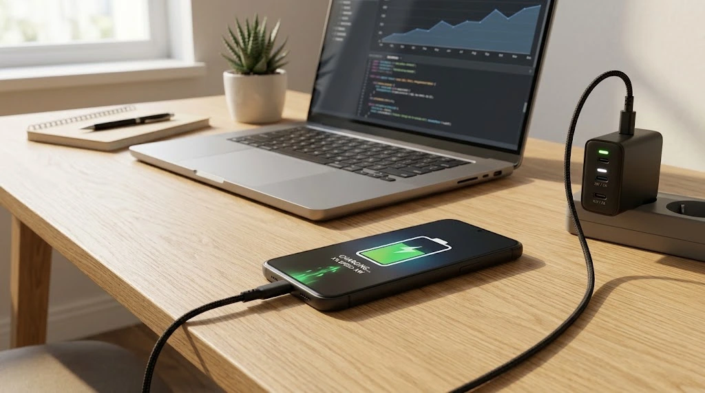 Charging test online on a smartphone connected to a charger